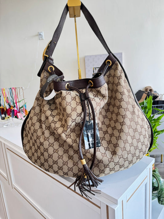 Gucci GG Drawstring Hobo Bag in Monogram Canvas
