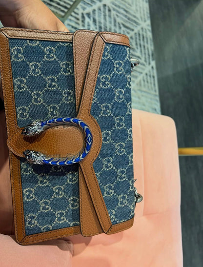 Gucci Dionysus GG Denim – Brown Leather Trim