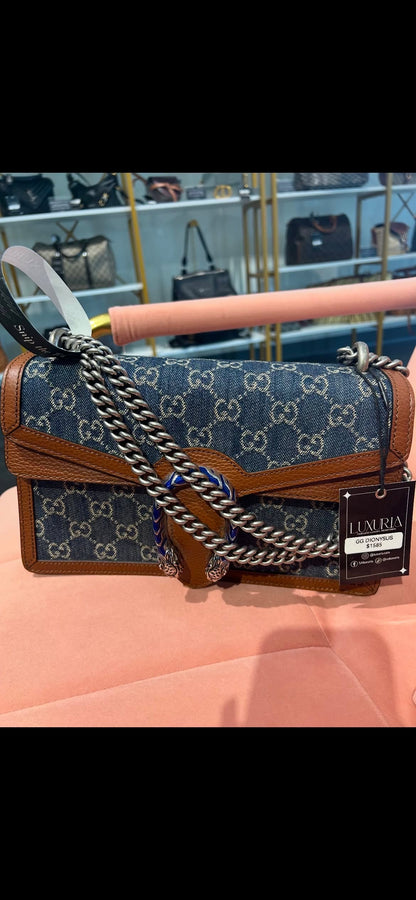 Gucci Dionysus GG Denim – Brown Leather Trim