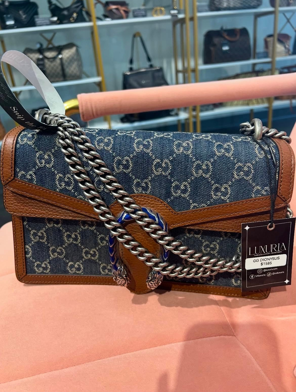 Gucci Dionysus GG Denim – Brown Leather Trim