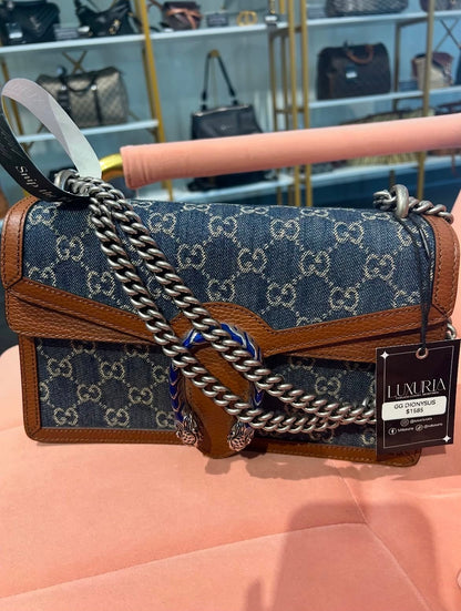 Gucci Dionysus GG Denim – Brown Leather Trim