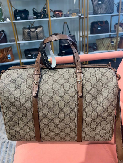 Gucci GG Supreme Boston Bag – Brown Leather Trim
