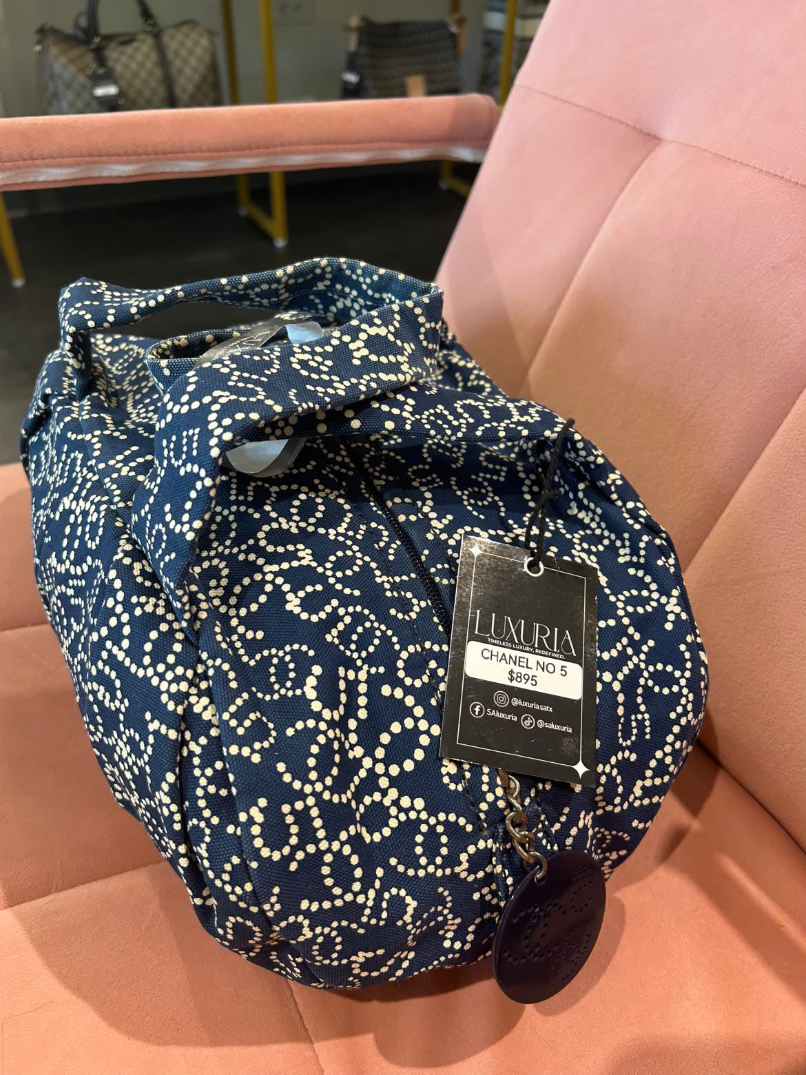 Chanel No. 5 Canvas Handbag – Navy Blue & Cream