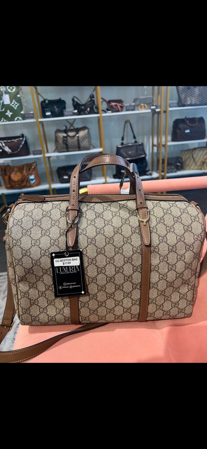 Gucci GG Supreme Boston Bag – Brown Leather Trim
