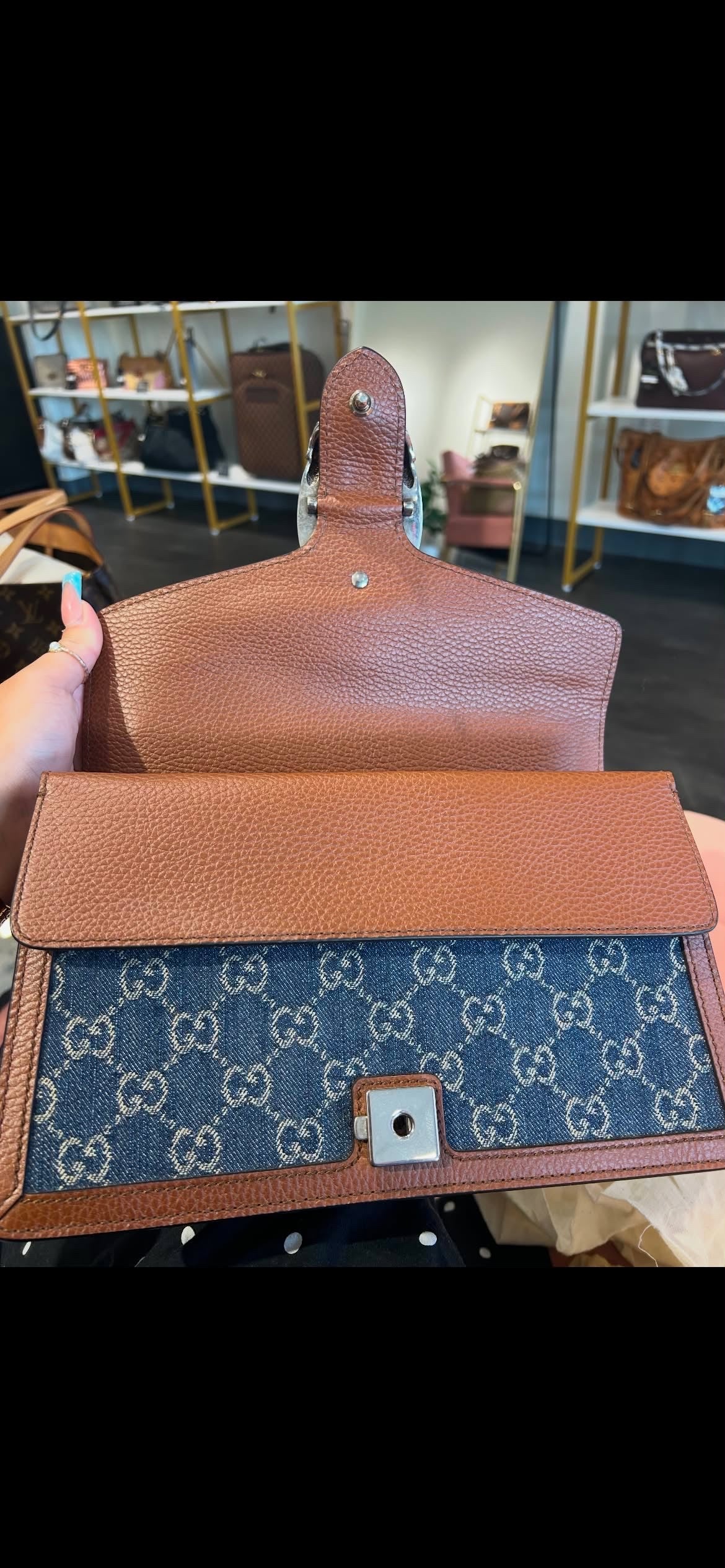 Gucci Dionysus GG Denim – Brown Leather Trim