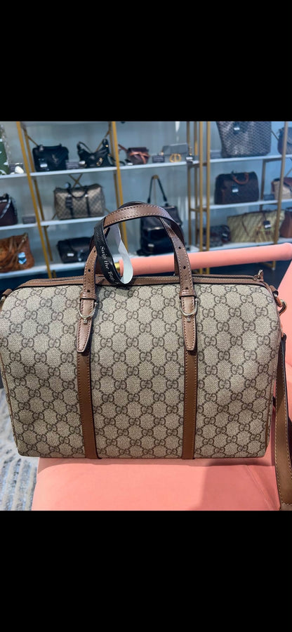 Gucci GG Supreme Boston Bag – Brown Leather Trim