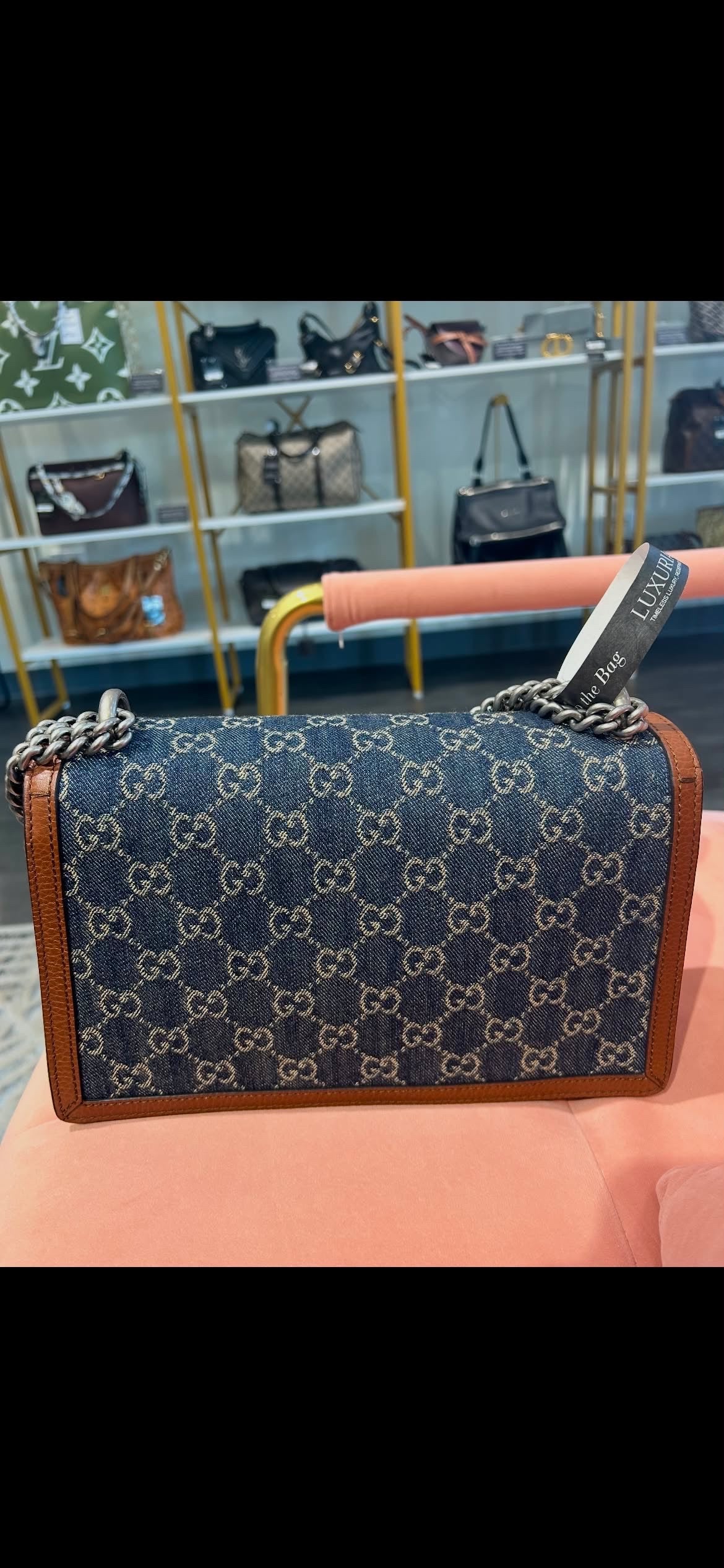 Gucci Dionysus GG Denim – Brown Leather Trim