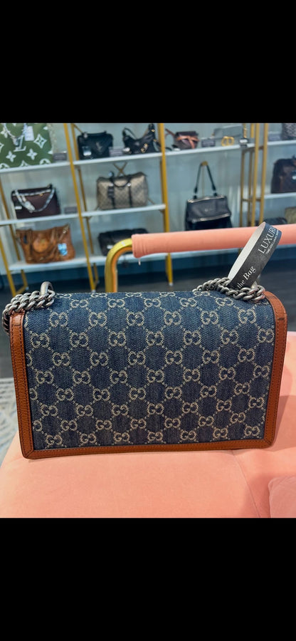 Gucci Dionysus GG Denim – Brown Leather Trim