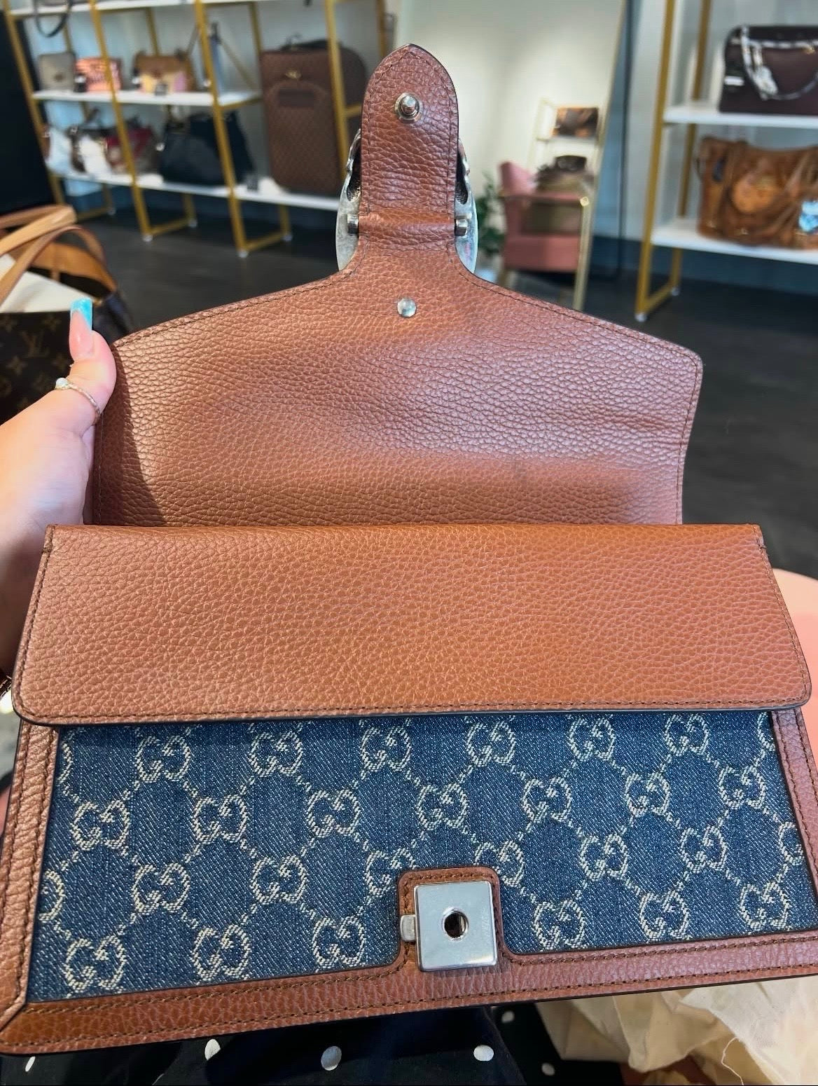 Gucci Dionysus GG Denim – Brown Leather Trim