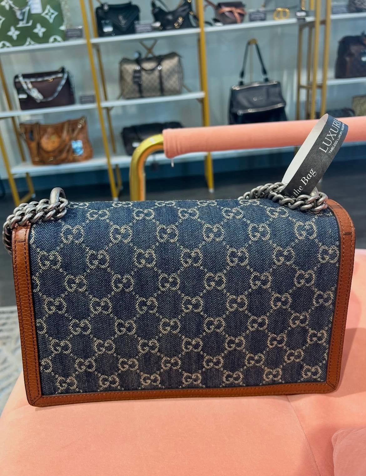 Gucci Dionysus GG Denim – Brown Leather Trim