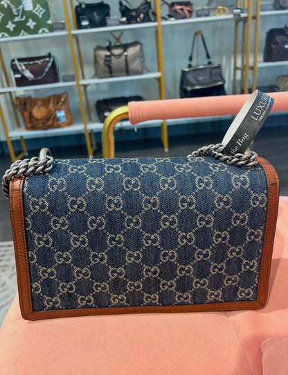 Gucci Dionysus GG Denim – Brown Leather Trim
