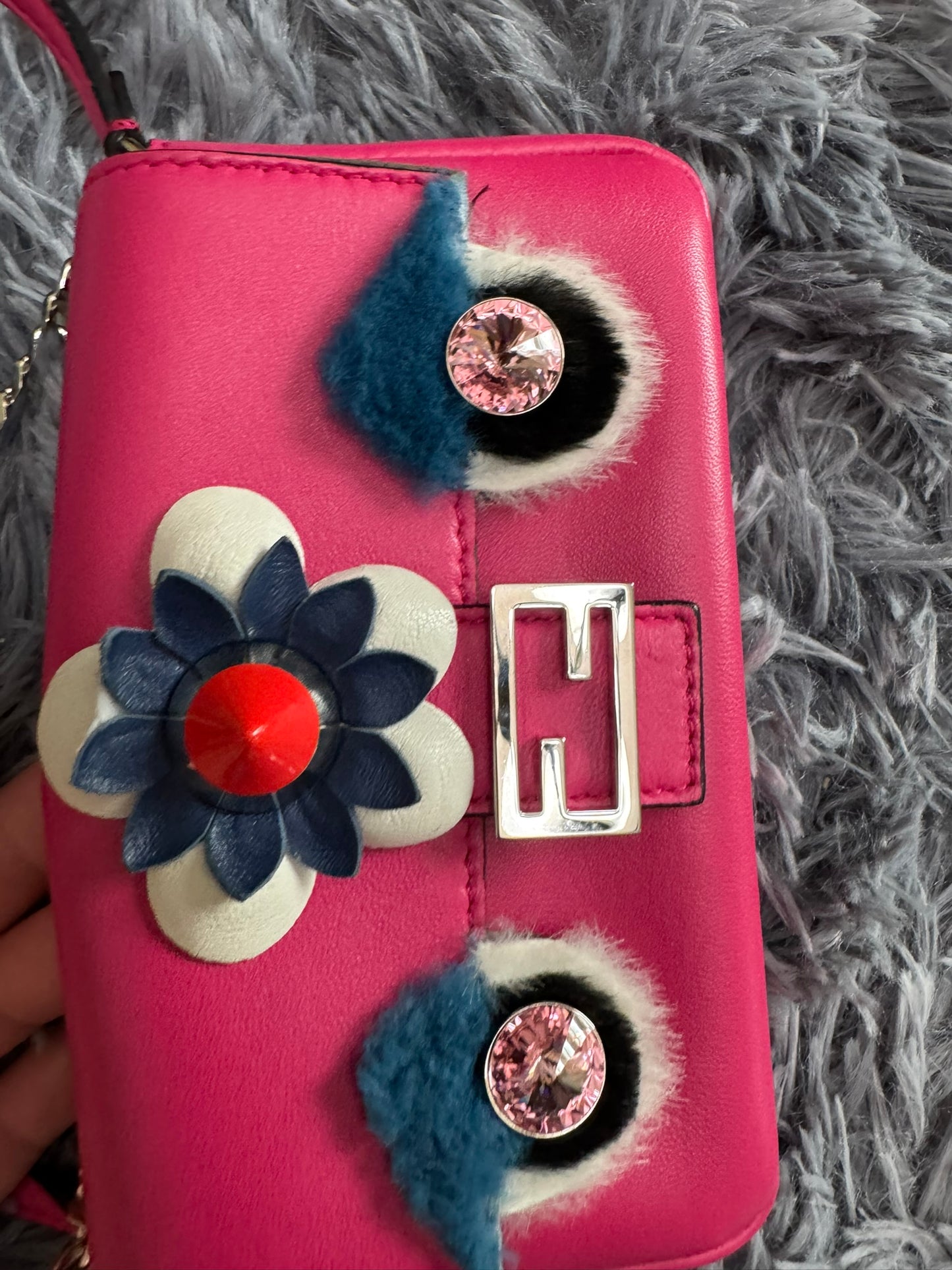 Fendi Monster Micro Bucket Bag in Pink Nappa Leather & Rabbit Fur