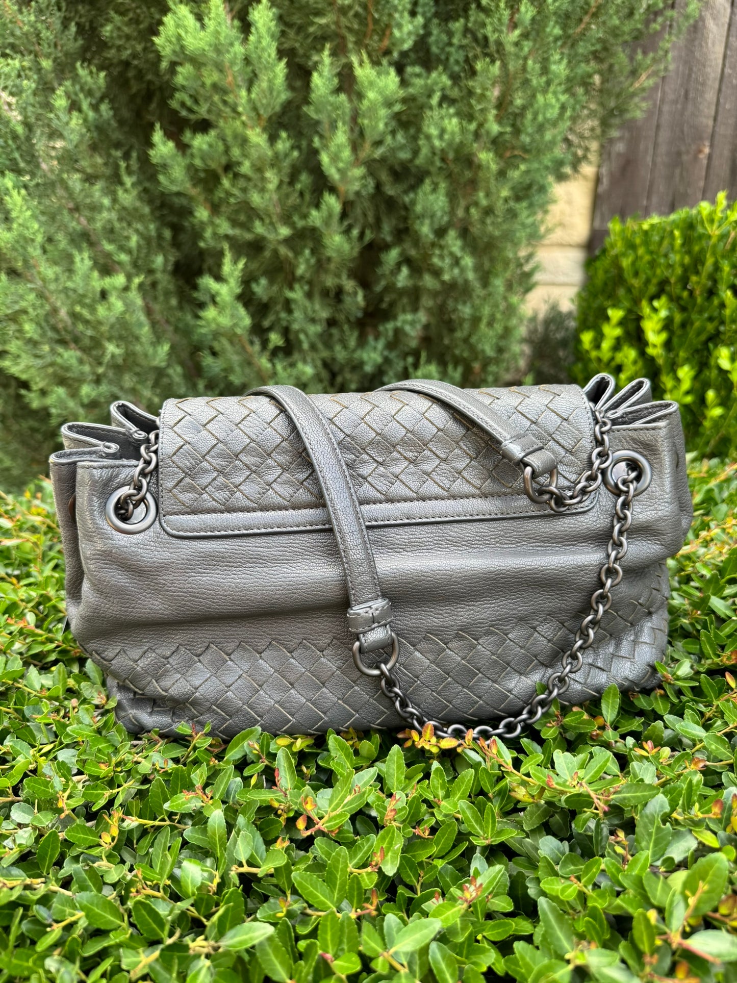 Bottega Veneta Intrecciato Chain Shoulder Bag in Grey