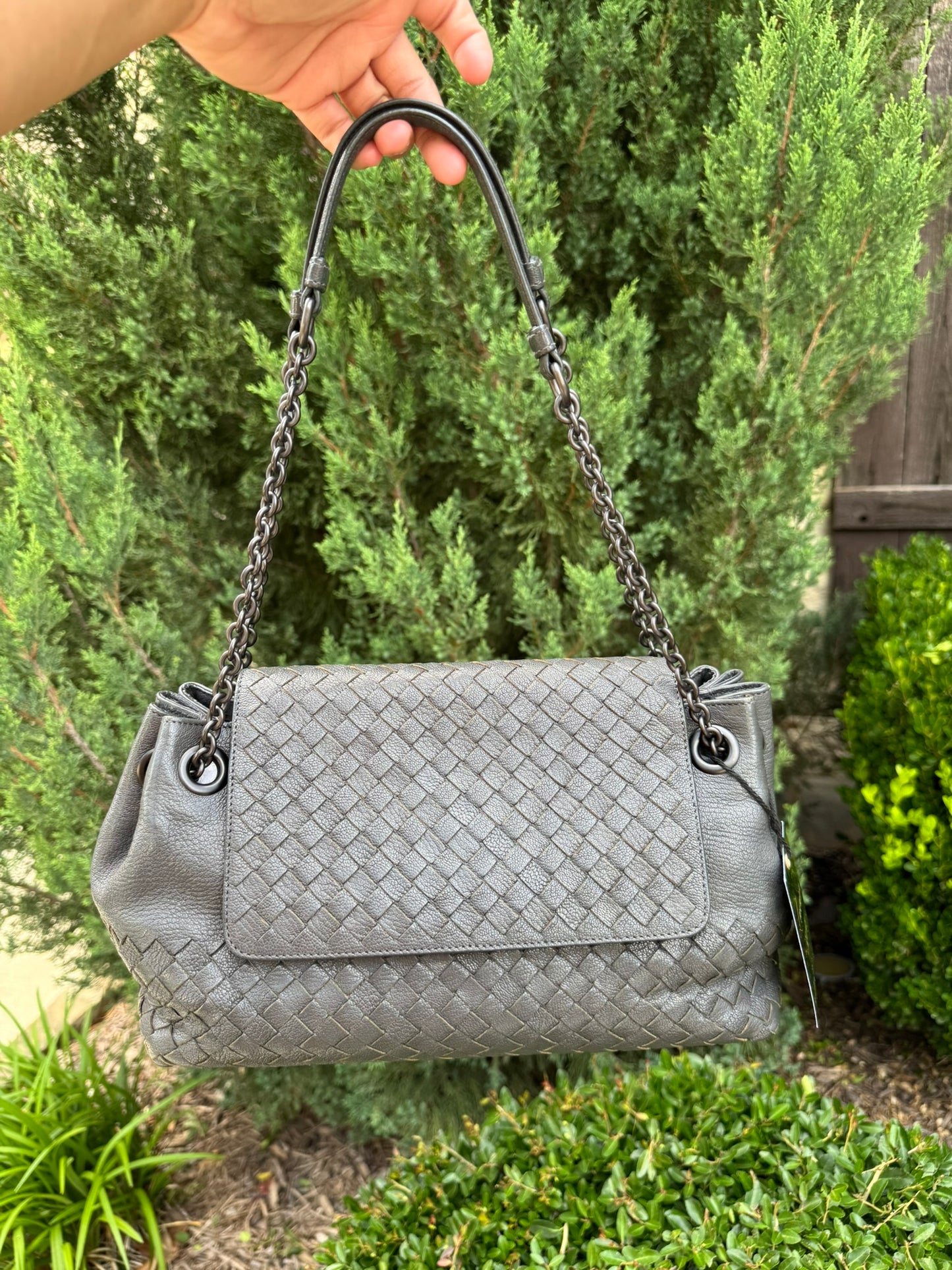 Bottega Veneta Intrecciato Chain Shoulder Bag in Grey