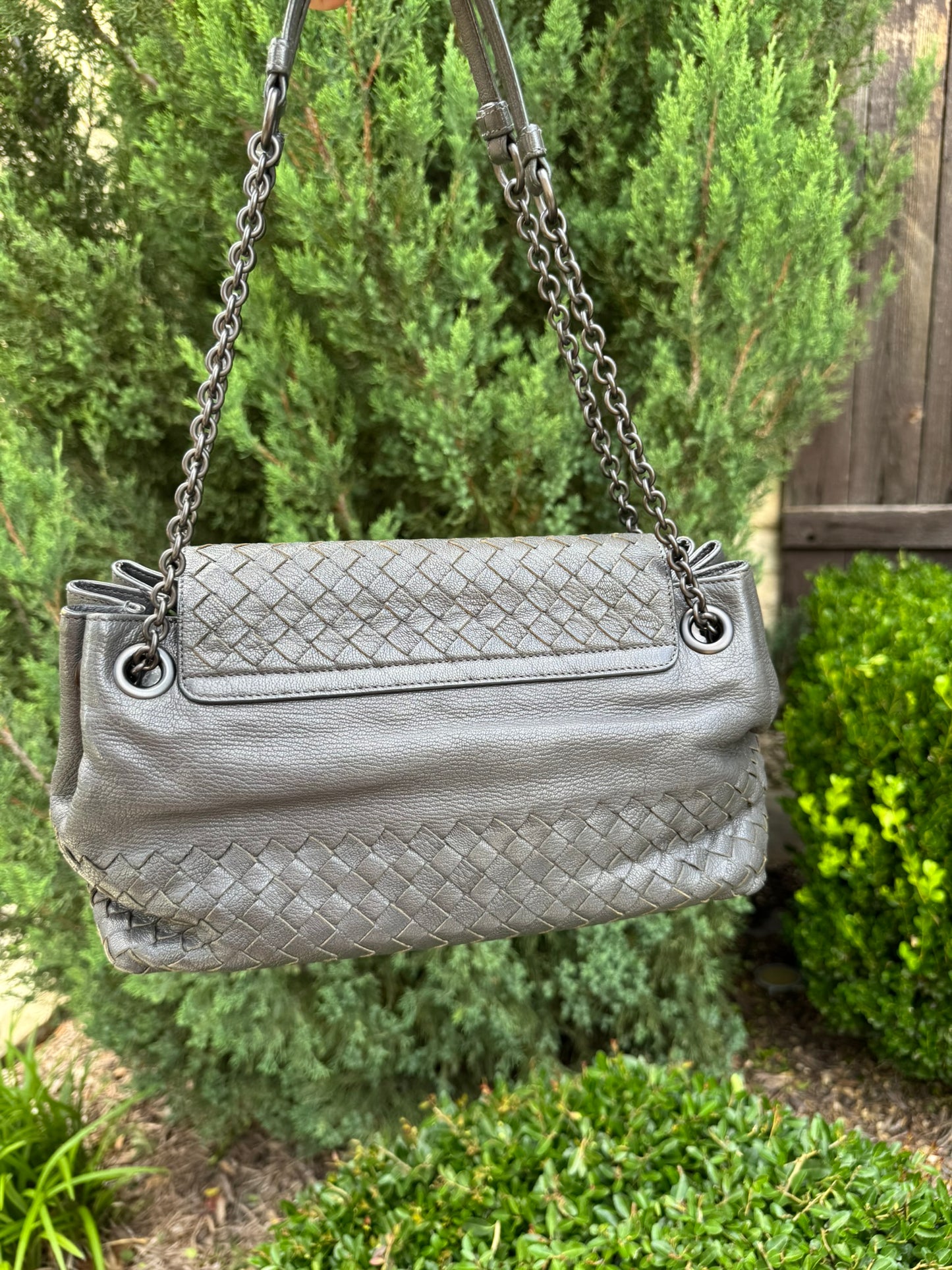 Bottega Veneta Intrecciato Chain Shoulder Bag in Grey