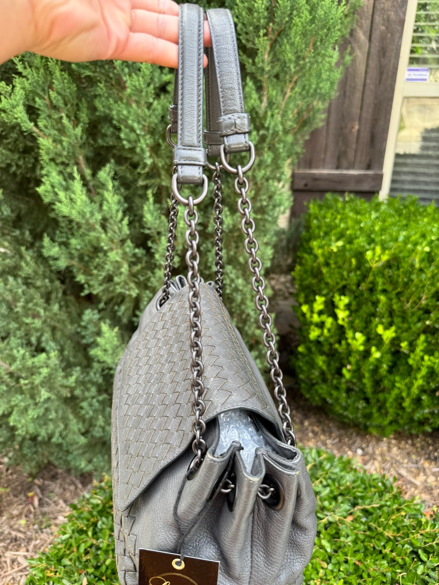 Bottega Veneta Intrecciato Chain Shoulder Bag in Grey