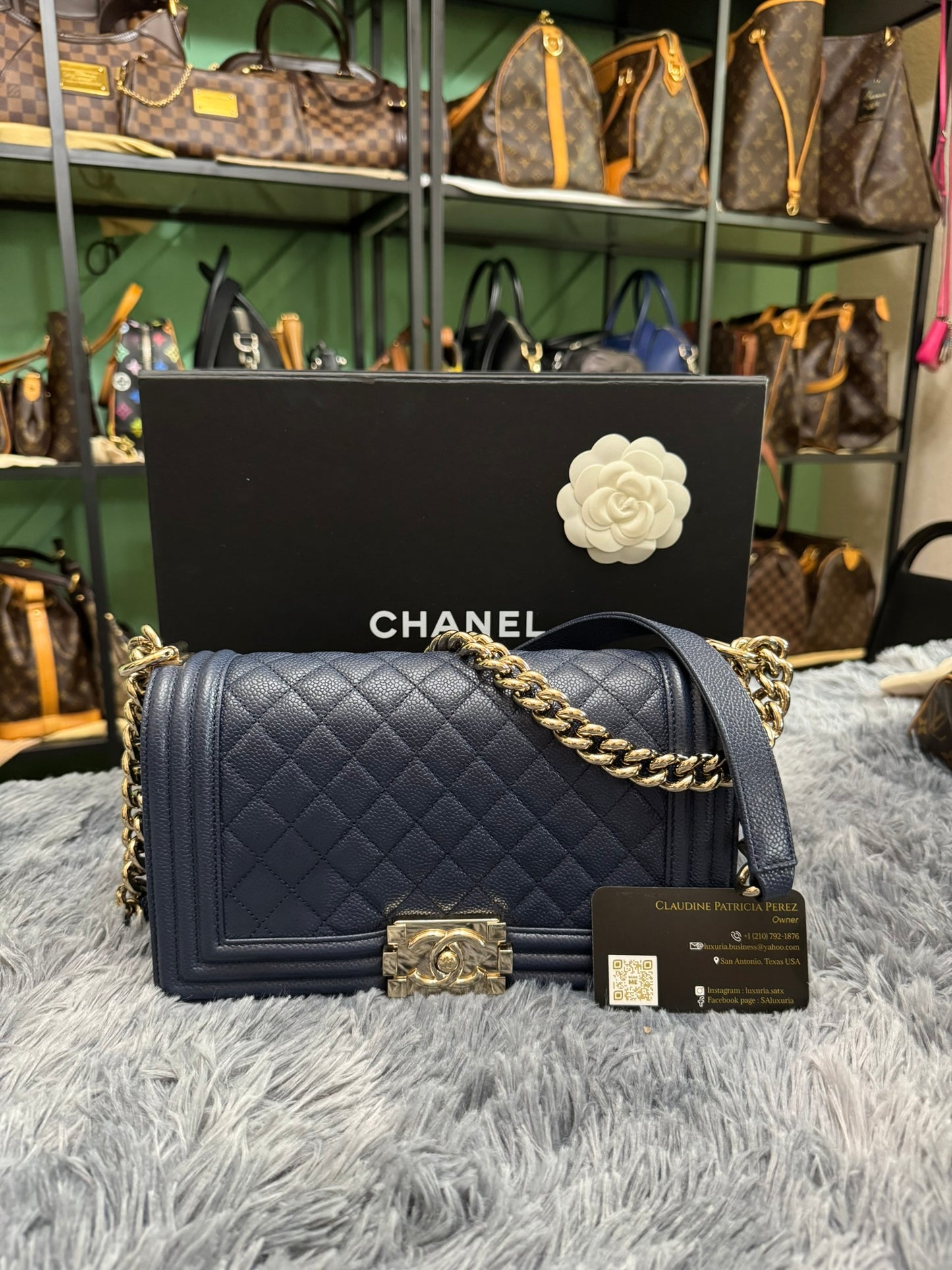 Chanel Le Boy Medium in Navy Blue Caviar Leather with Silver Hardware