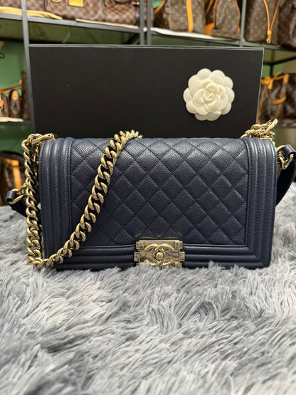 Chanel Le Boy Medium in Navy Blue Caviar Leather with Silver Hardware