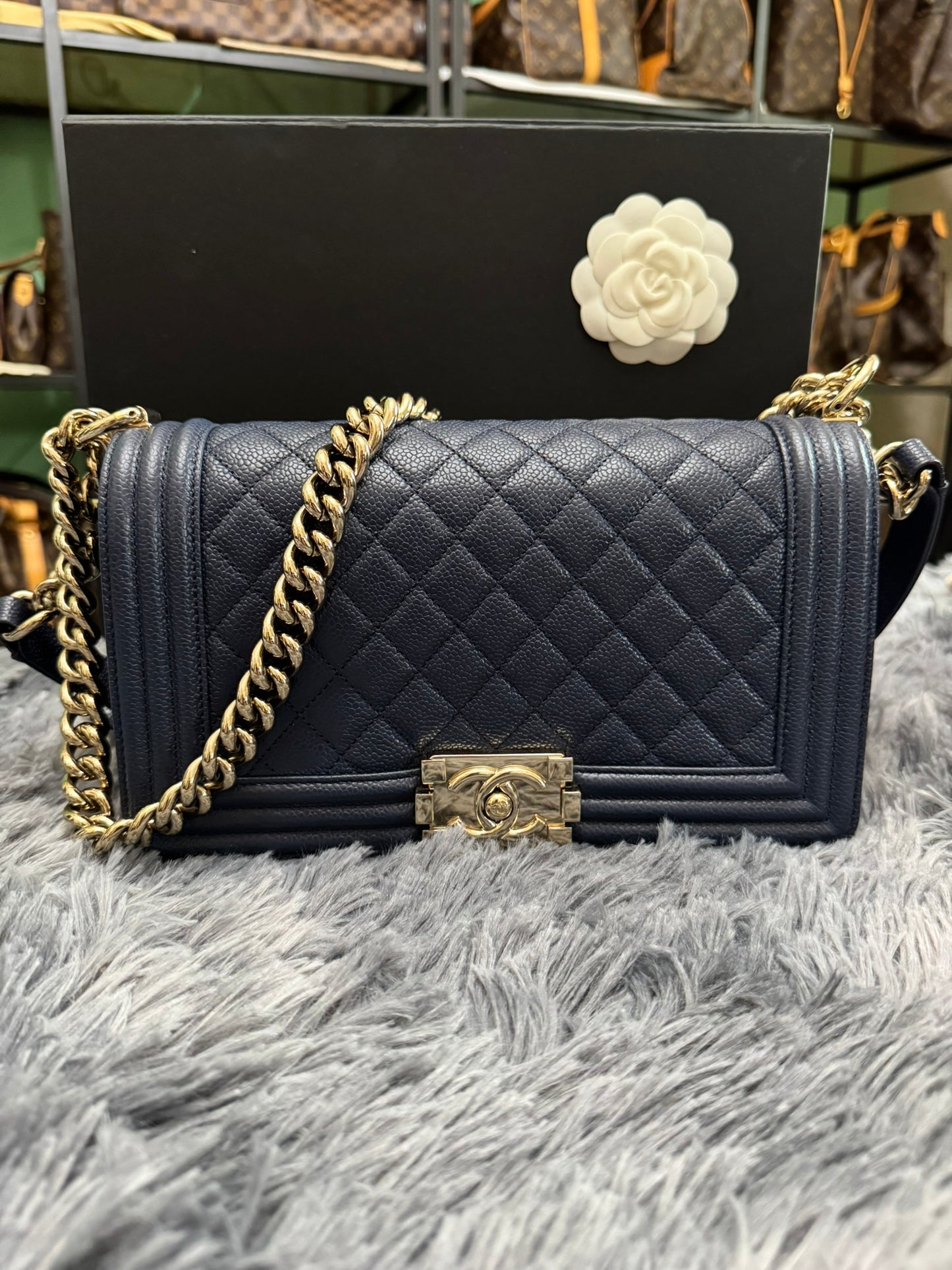 Chanel Le Boy Medium in Navy Blue Caviar Leather with Silver Hardware