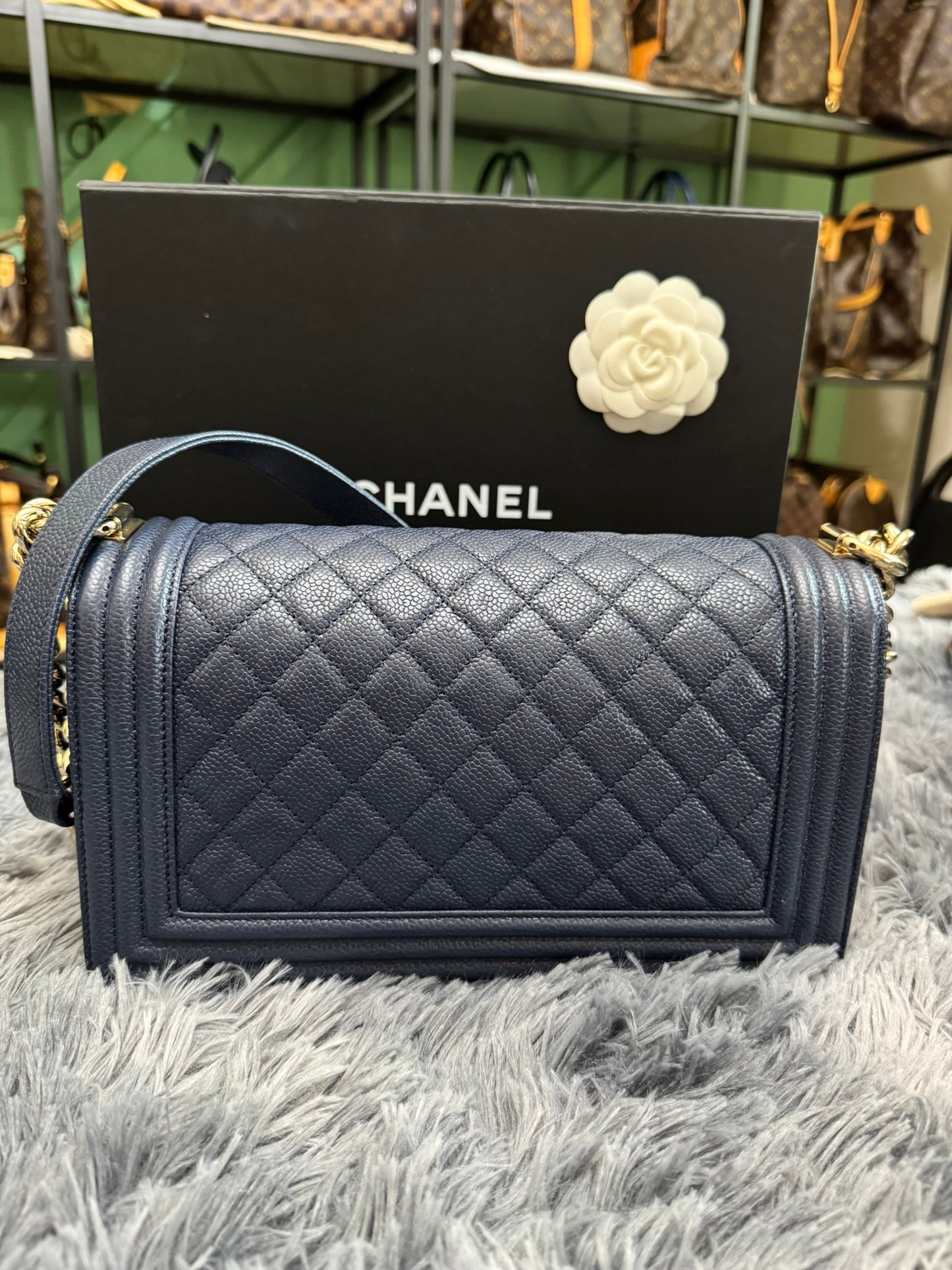 Chanel Le Boy Medium in Navy Blue Caviar Leather with Silver Hardware