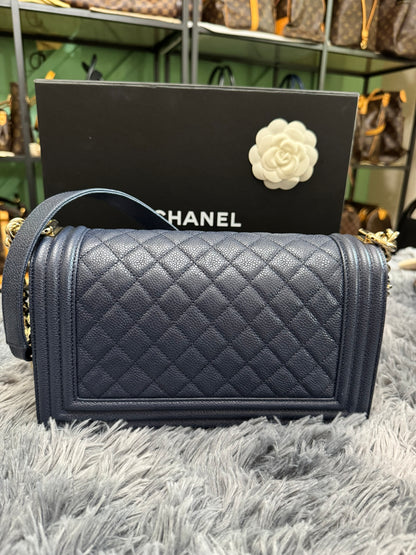 Chanel Le Boy Medium in Navy Blue Caviar Leather with Silver Hardware
