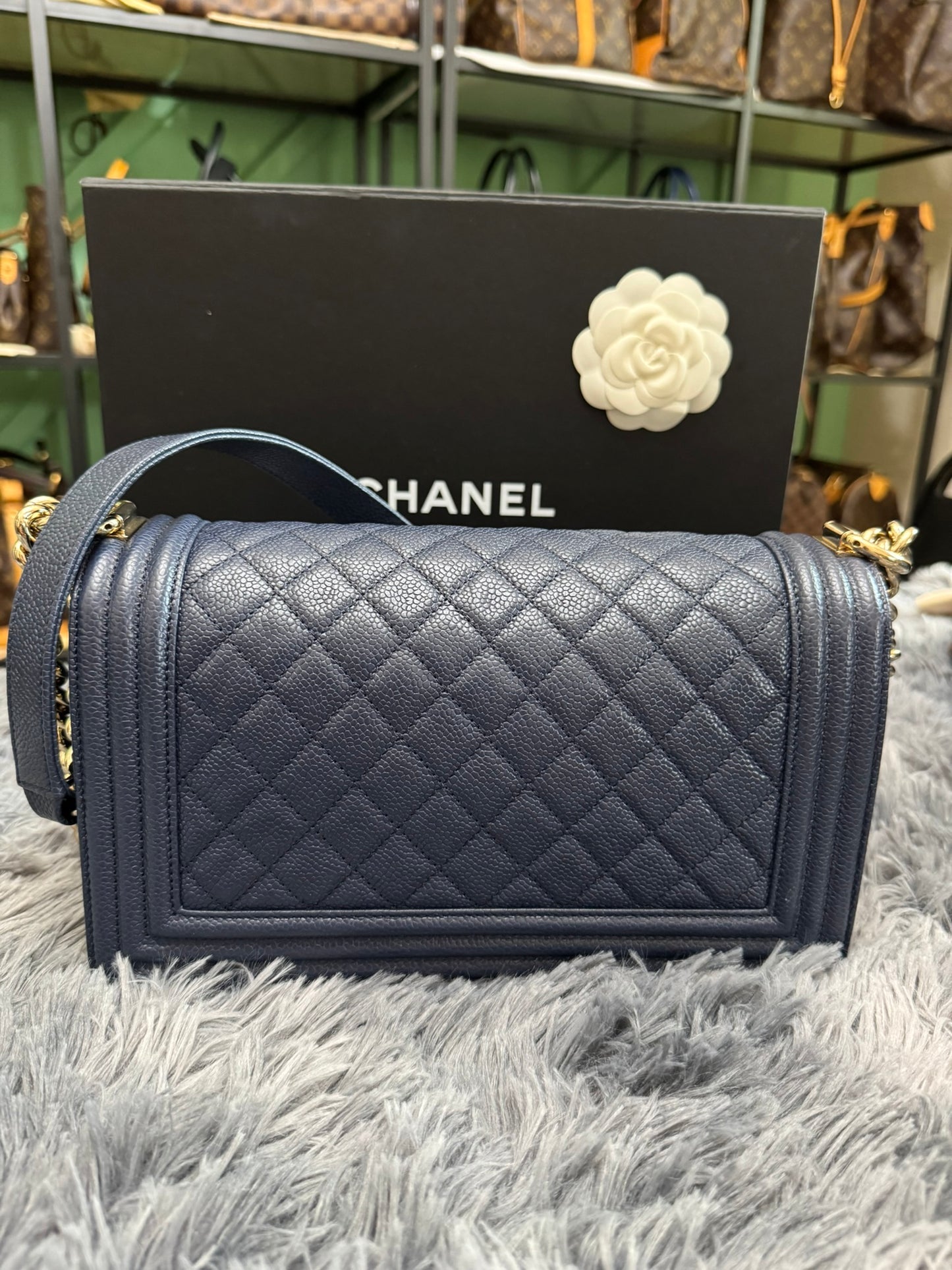 Chanel Le Boy Medium in Navy Blue Caviar Leather with Silver Hardware