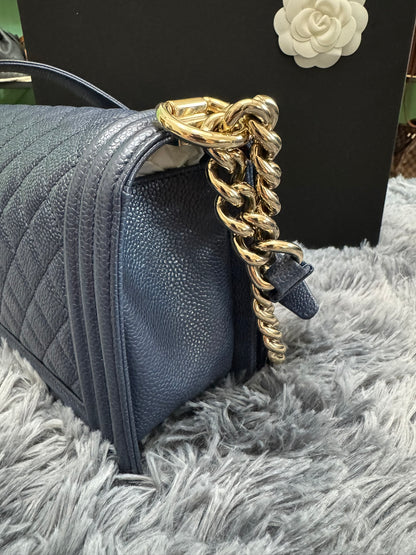 Chanel Le Boy Medium in Navy Blue Caviar Leather with Silver Hardware