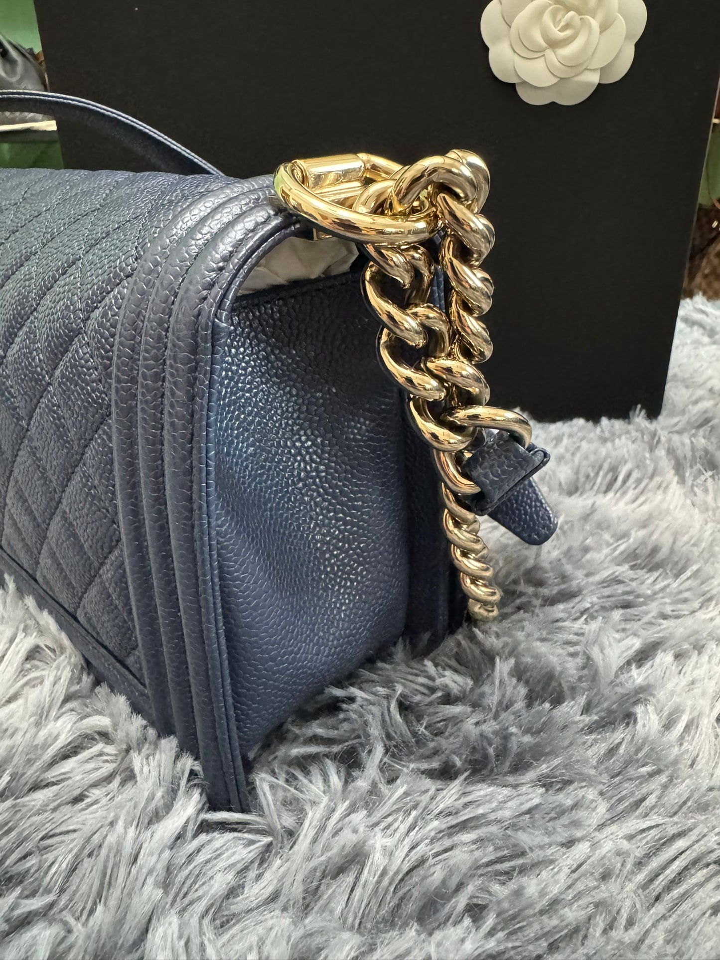 Chanel Le Boy Medium in Navy Blue Caviar Leather with Silver Hardware