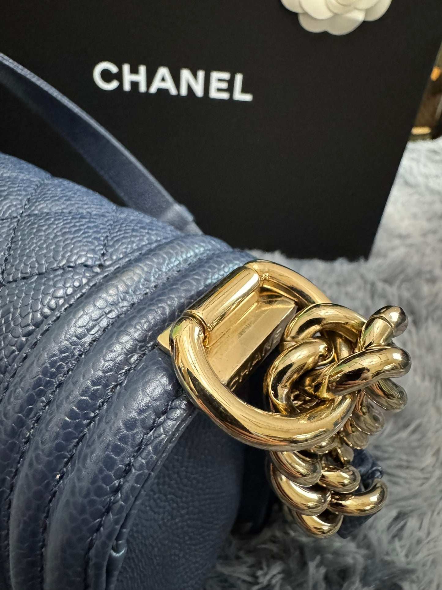 Chanel Le Boy Medium in Navy Blue Caviar Leather with Silver Hardware