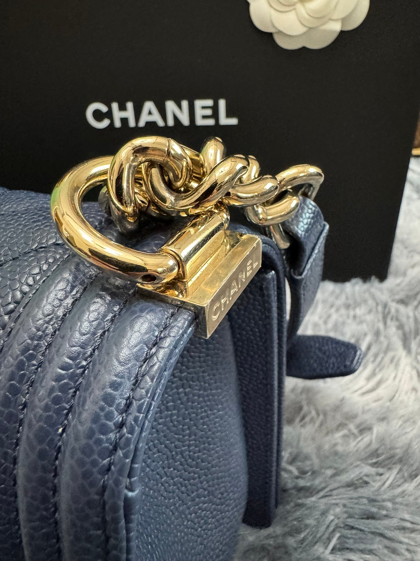 Chanel Le Boy Medium in Navy Blue Caviar Leather with Silver Hardware