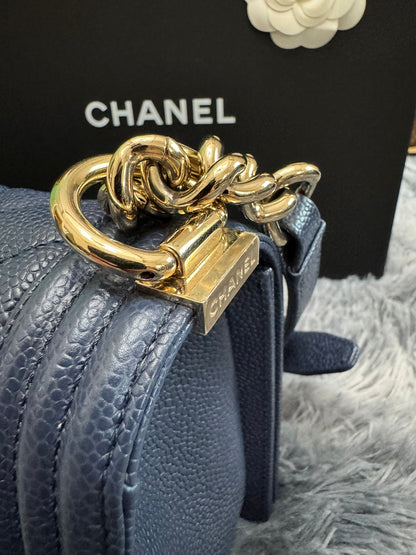 Chanel Le Boy Medium in Navy Blue Caviar Leather with Silver Hardware