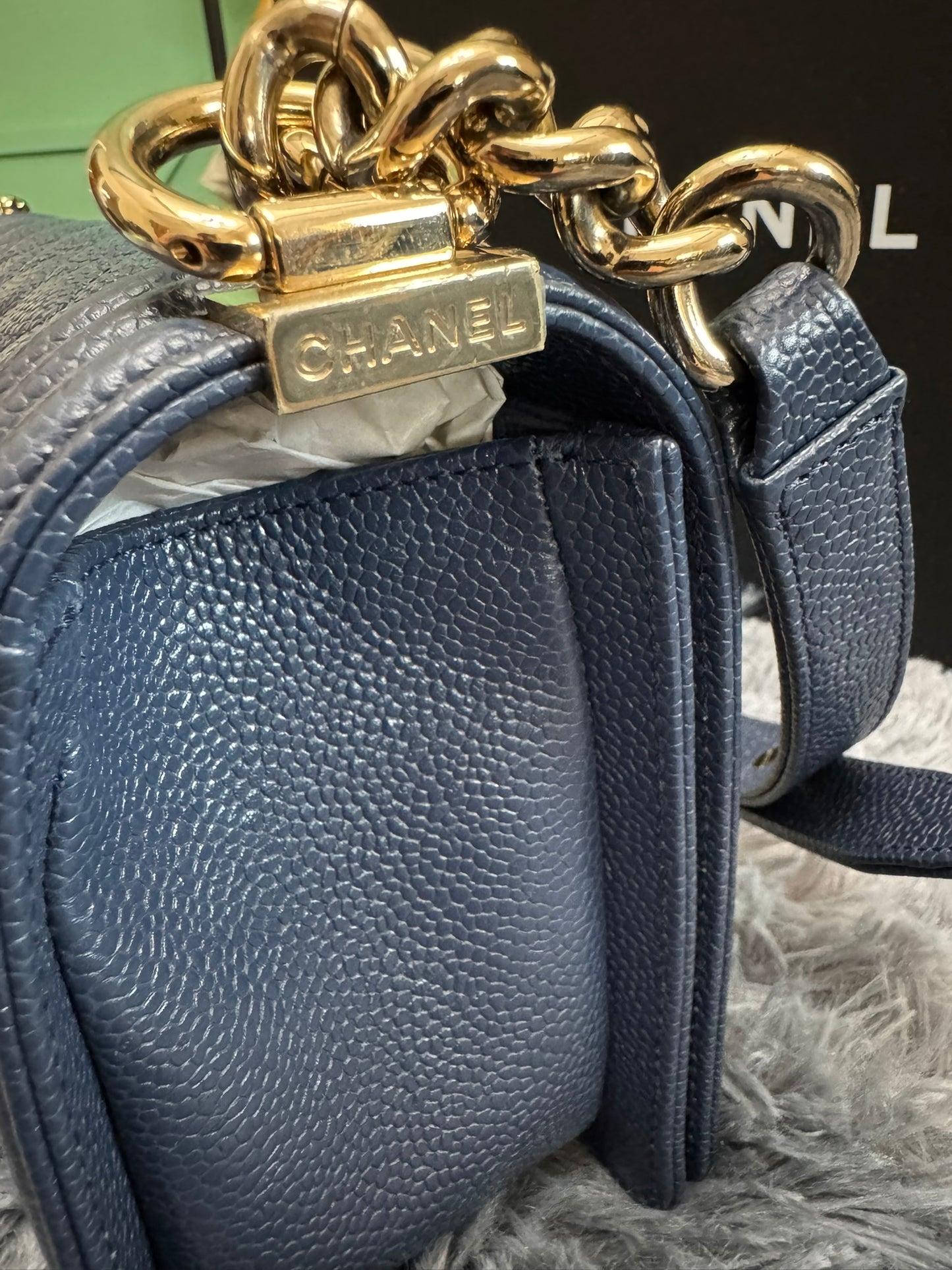 Chanel Le Boy Medium in Navy Blue Caviar Leather with Silver Hardware