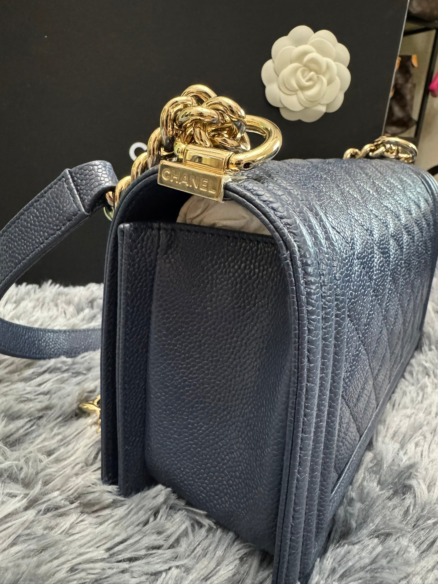 Chanel Le Boy Medium in Navy Blue Caviar Leather with Silver Hardware