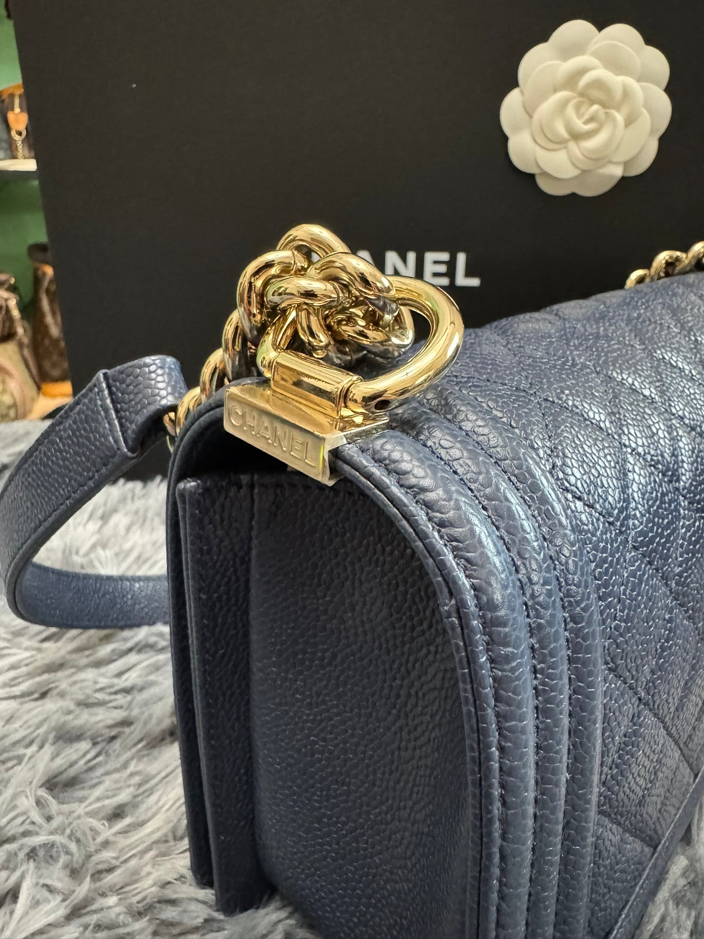 Chanel Le Boy Medium in Navy Blue Caviar Leather with Silver Hardware
