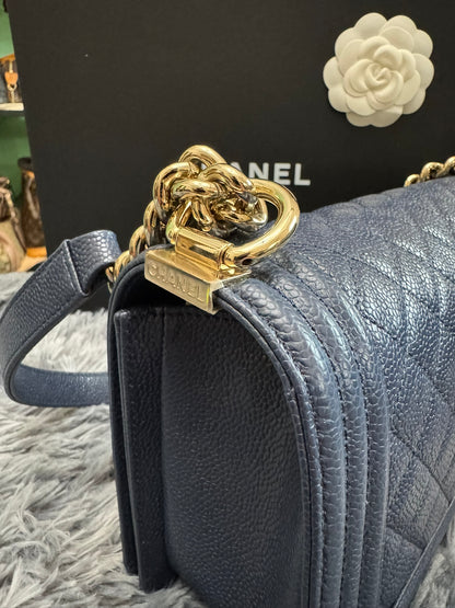 Chanel Le Boy Medium in Navy Blue Caviar Leather with Silver Hardware