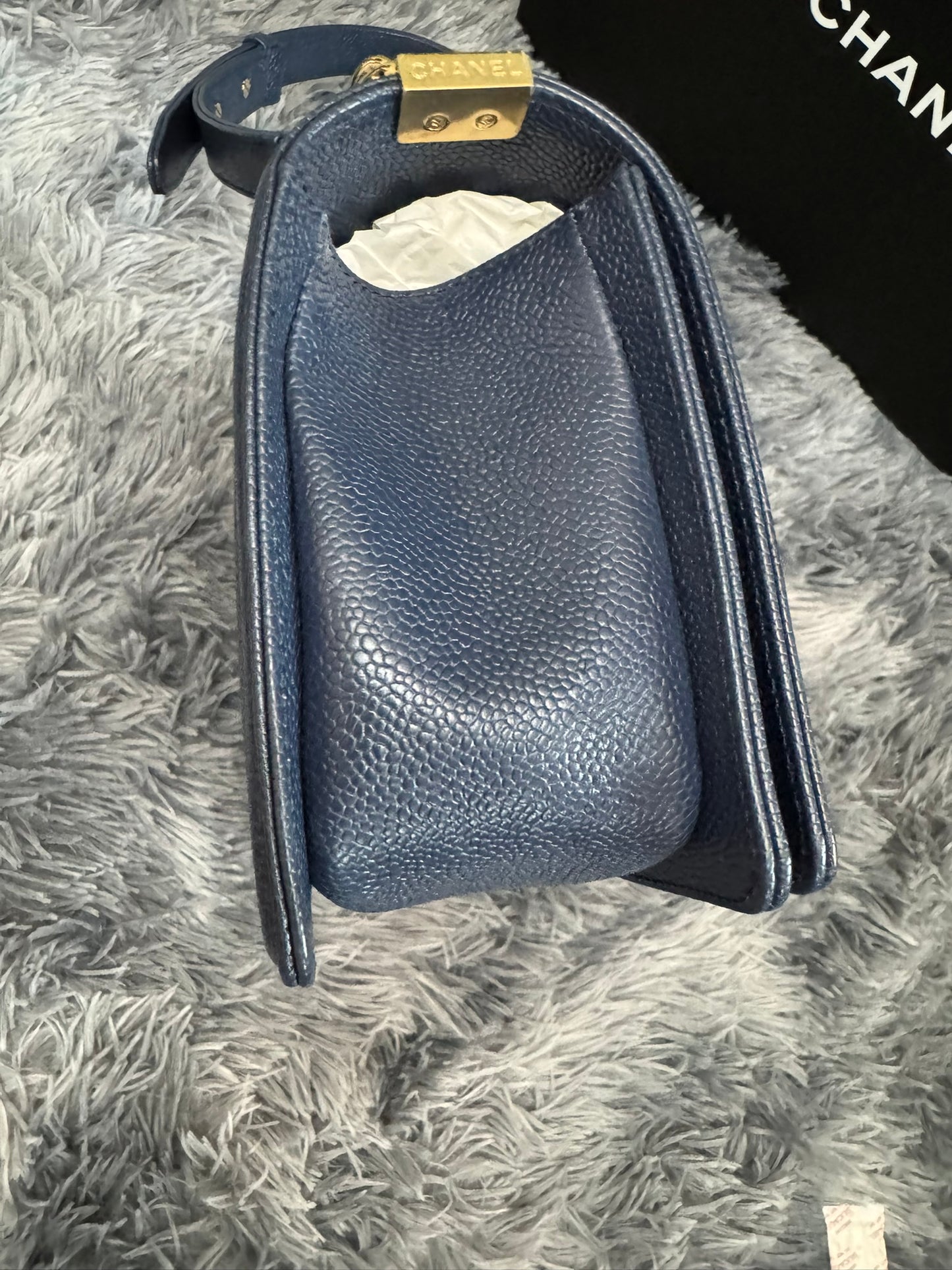 Chanel Le Boy Medium in Navy Blue Caviar Leather with Silver Hardware