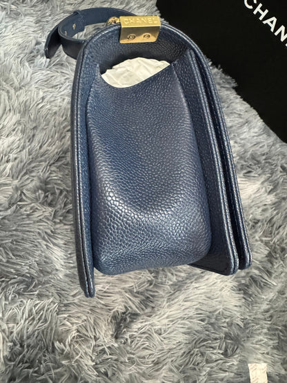 Chanel Le Boy Medium in Navy Blue Caviar Leather with Silver Hardware