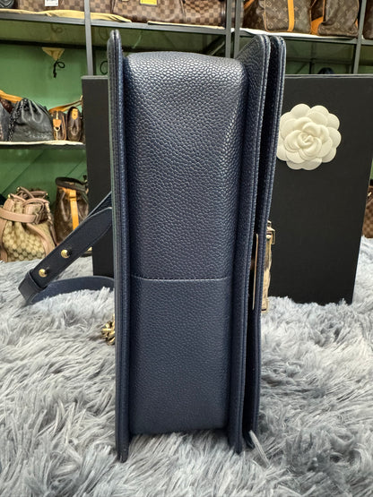 Chanel Le Boy Medium in Navy Blue Caviar Leather with Silver Hardware