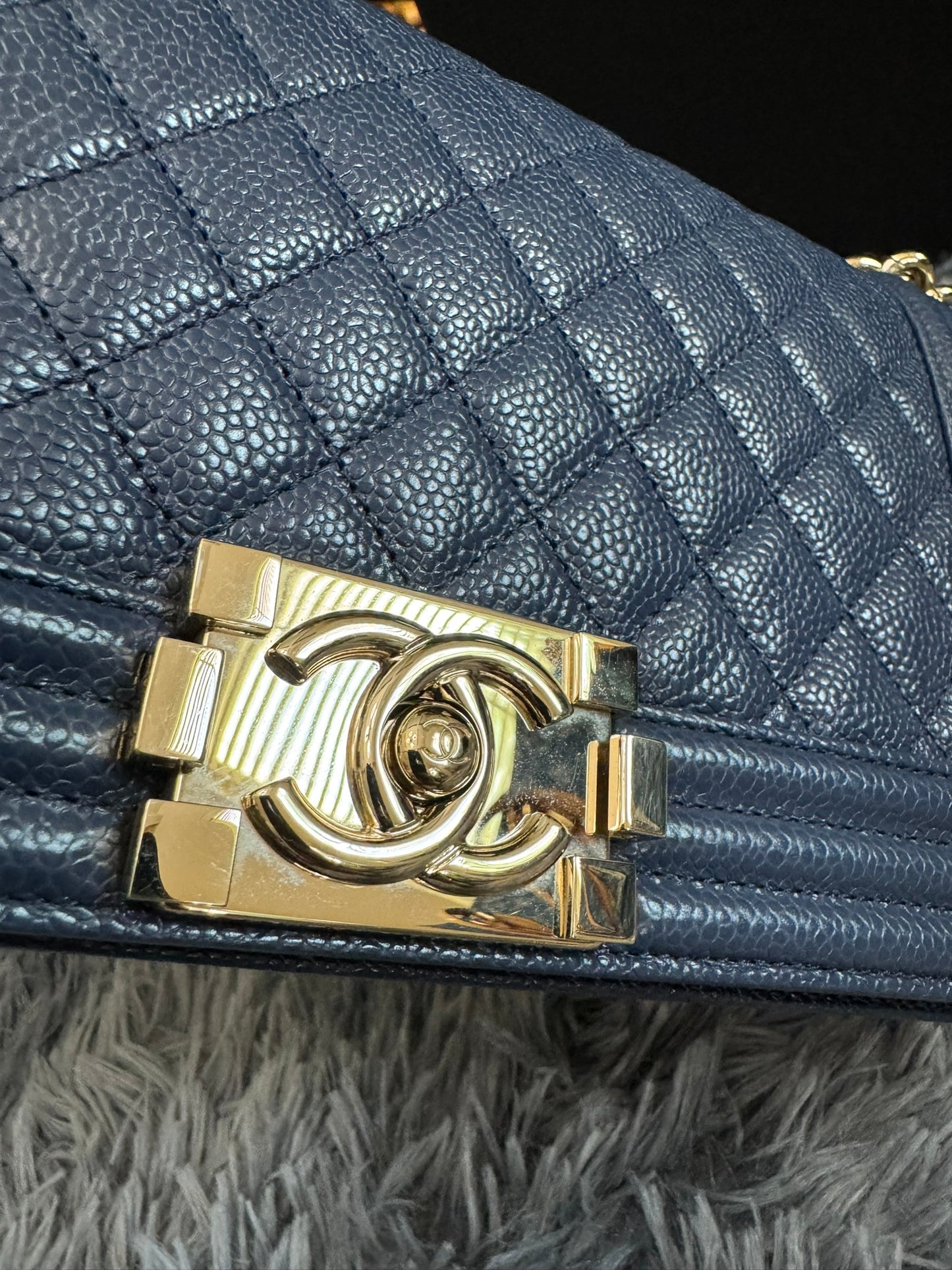 Chanel Le Boy Medium in Navy Blue Caviar Leather with Silver Hardware