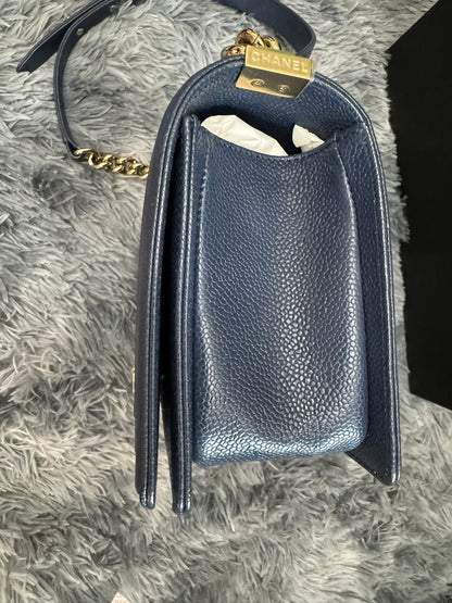 Chanel Le Boy Medium in Navy Blue Caviar Leather with Silver Hardware