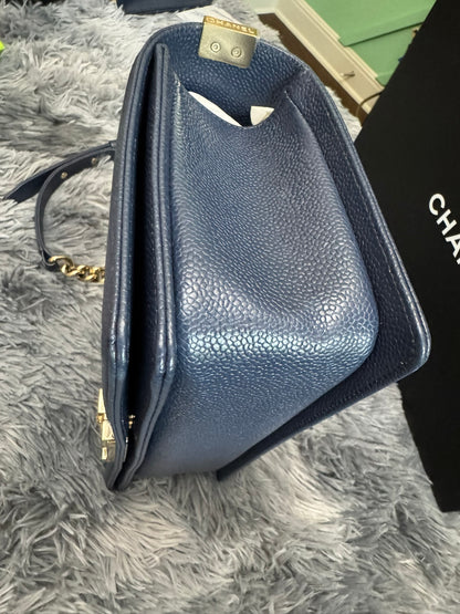 Chanel Le Boy Medium in Navy Blue Caviar Leather with Silver Hardware