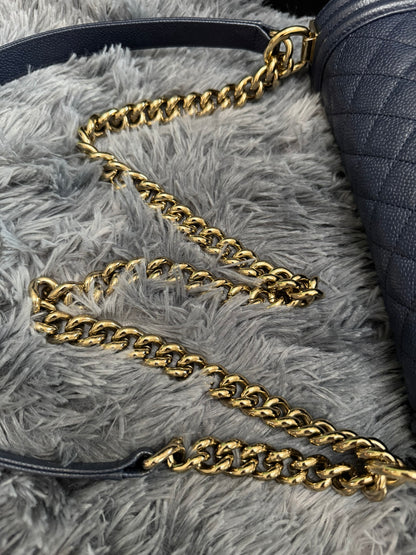 Chanel Le Boy Medium in Navy Blue Caviar Leather with Silver Hardware