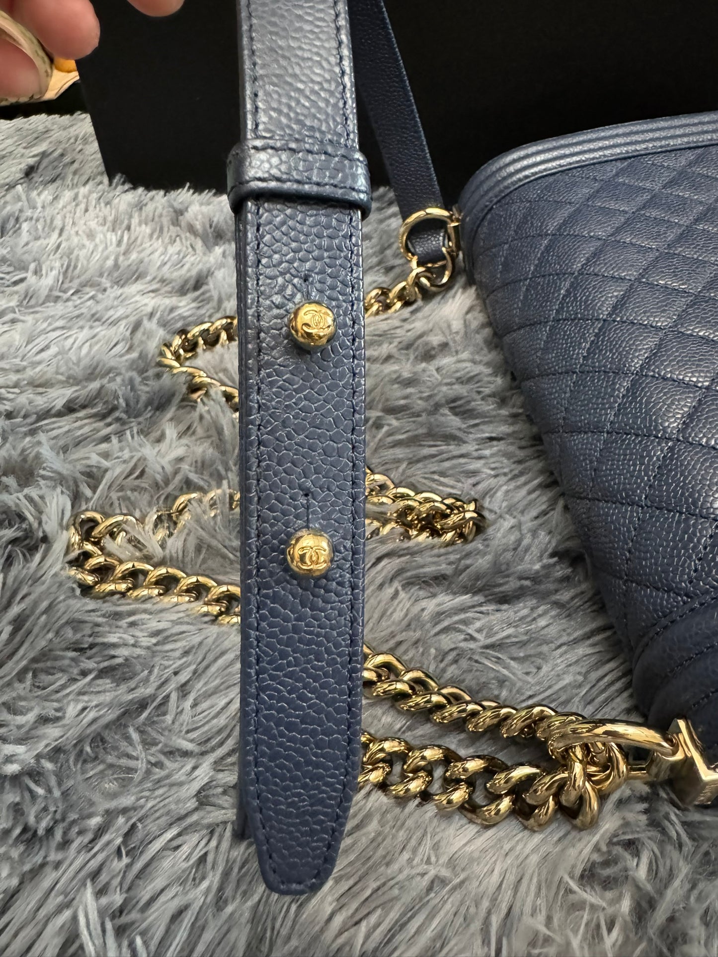 Chanel Le Boy Medium in Navy Blue Caviar Leather with Silver Hardware