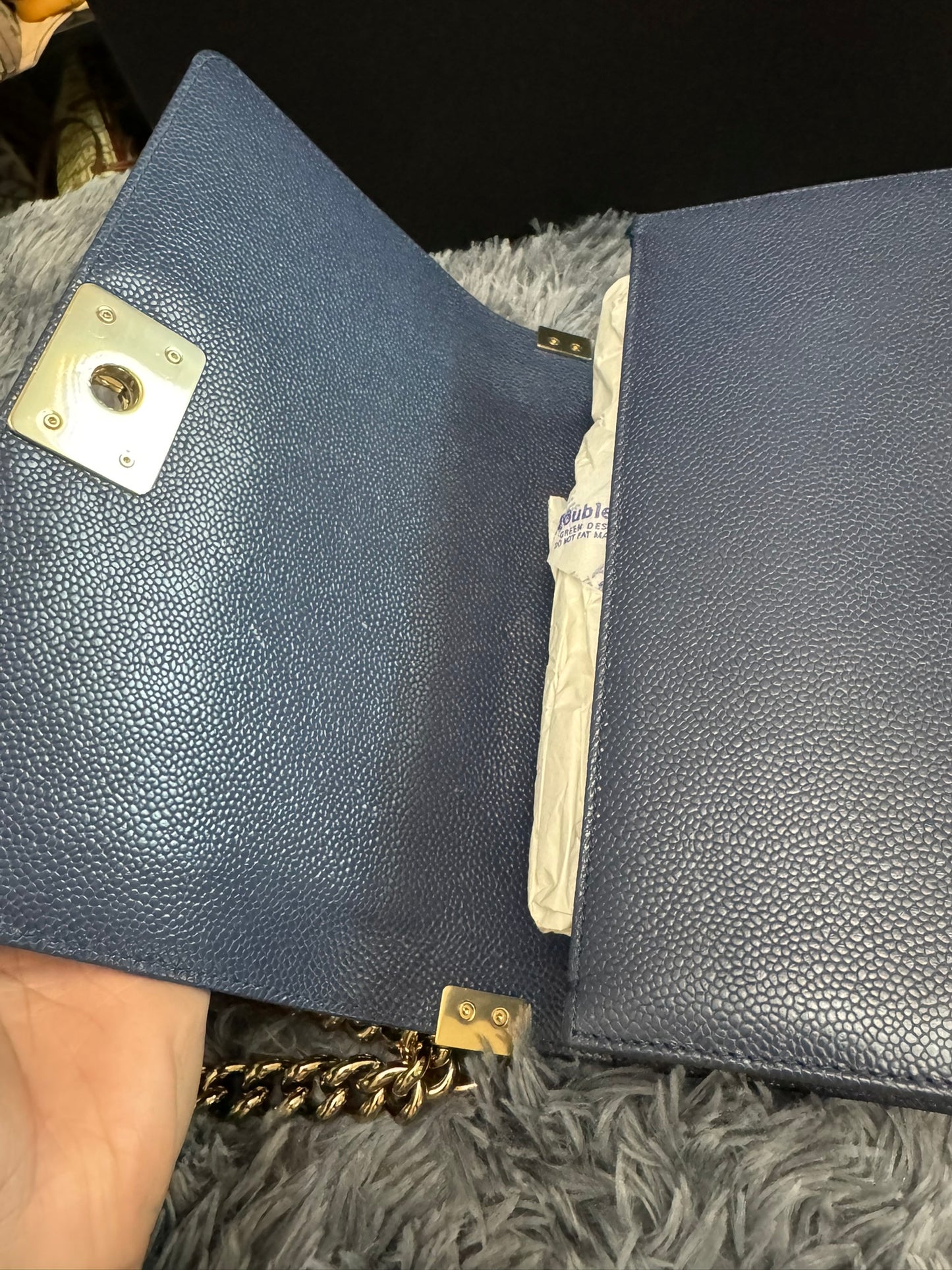 Chanel Le Boy Medium in Navy Blue Caviar Leather with Silver Hardware