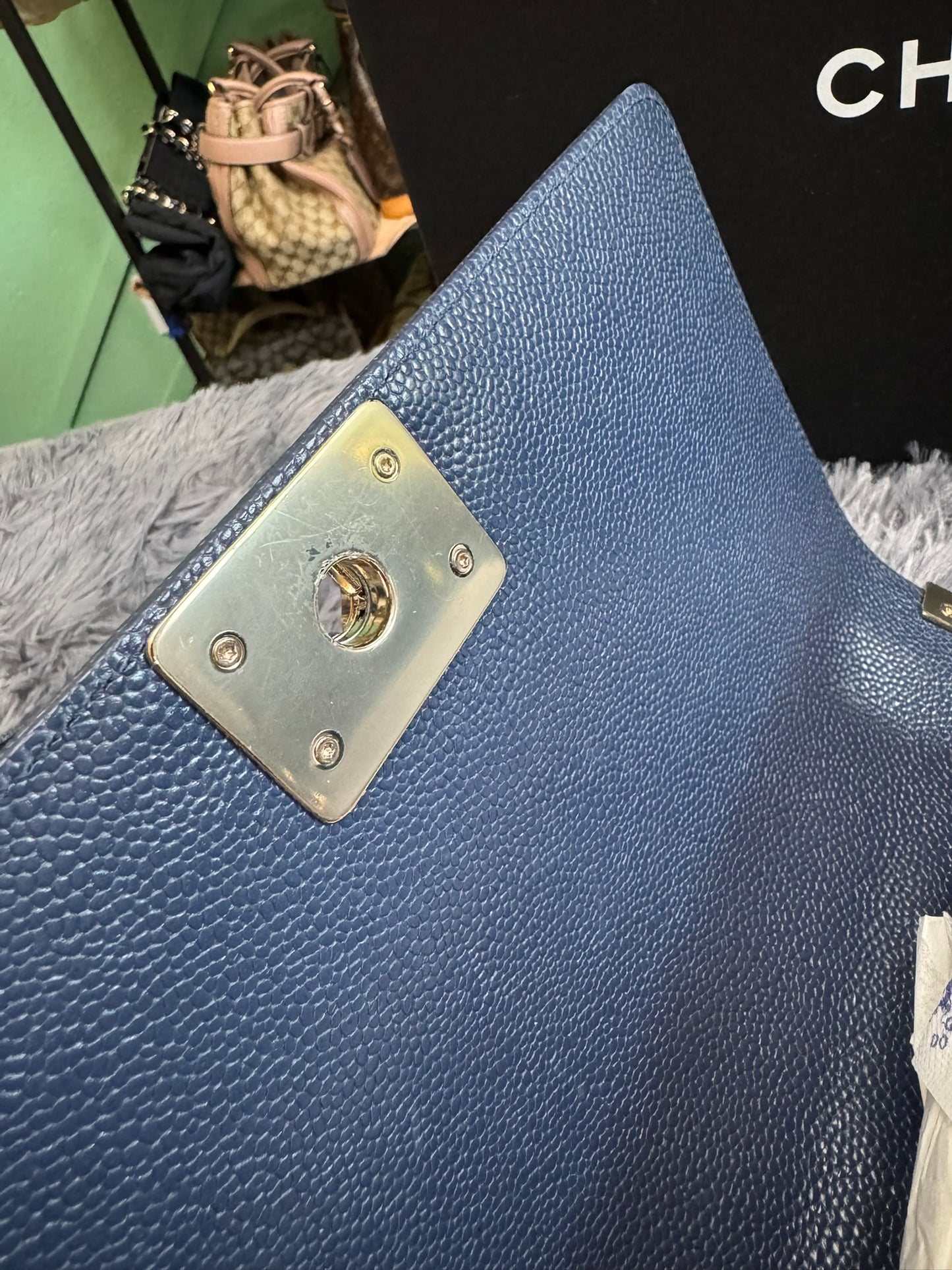 Chanel Le Boy Medium in Navy Blue Caviar Leather with Silver Hardware