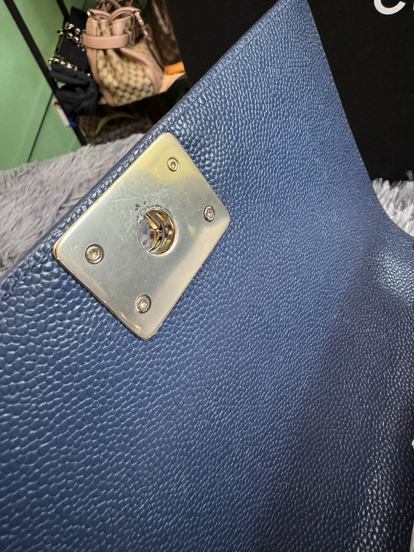 Chanel Le Boy Medium in Navy Blue Caviar Leather with Silver Hardware