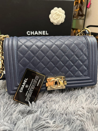 Chanel Le Boy Medium in Navy Blue Caviar Leather with Silver Hardware