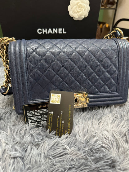 Chanel Le Boy Medium in Navy Blue Caviar Leather with Silver Hardware