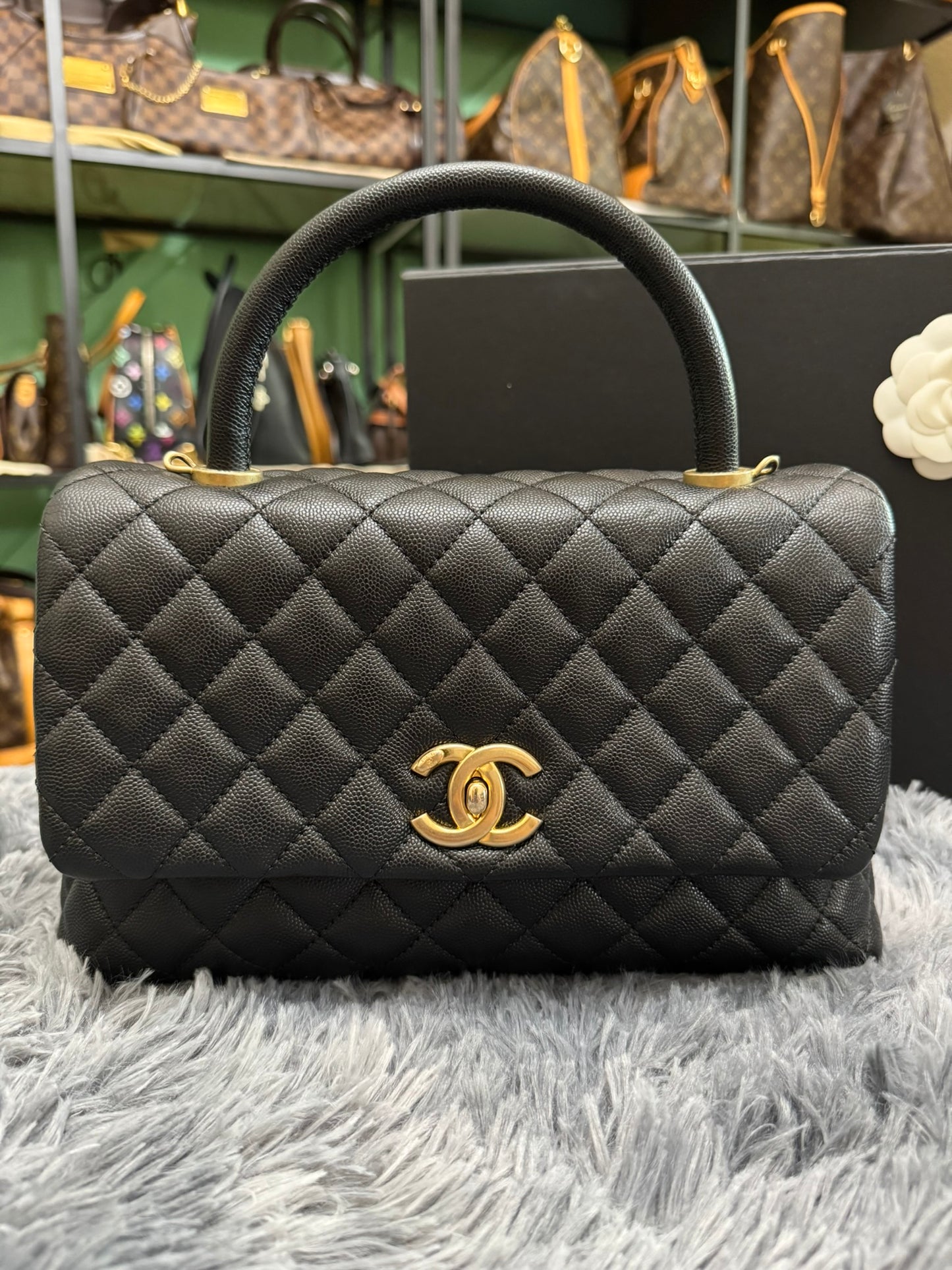 Chanel Medium Top Handle in Black Caviar Leather with Gold Hardware