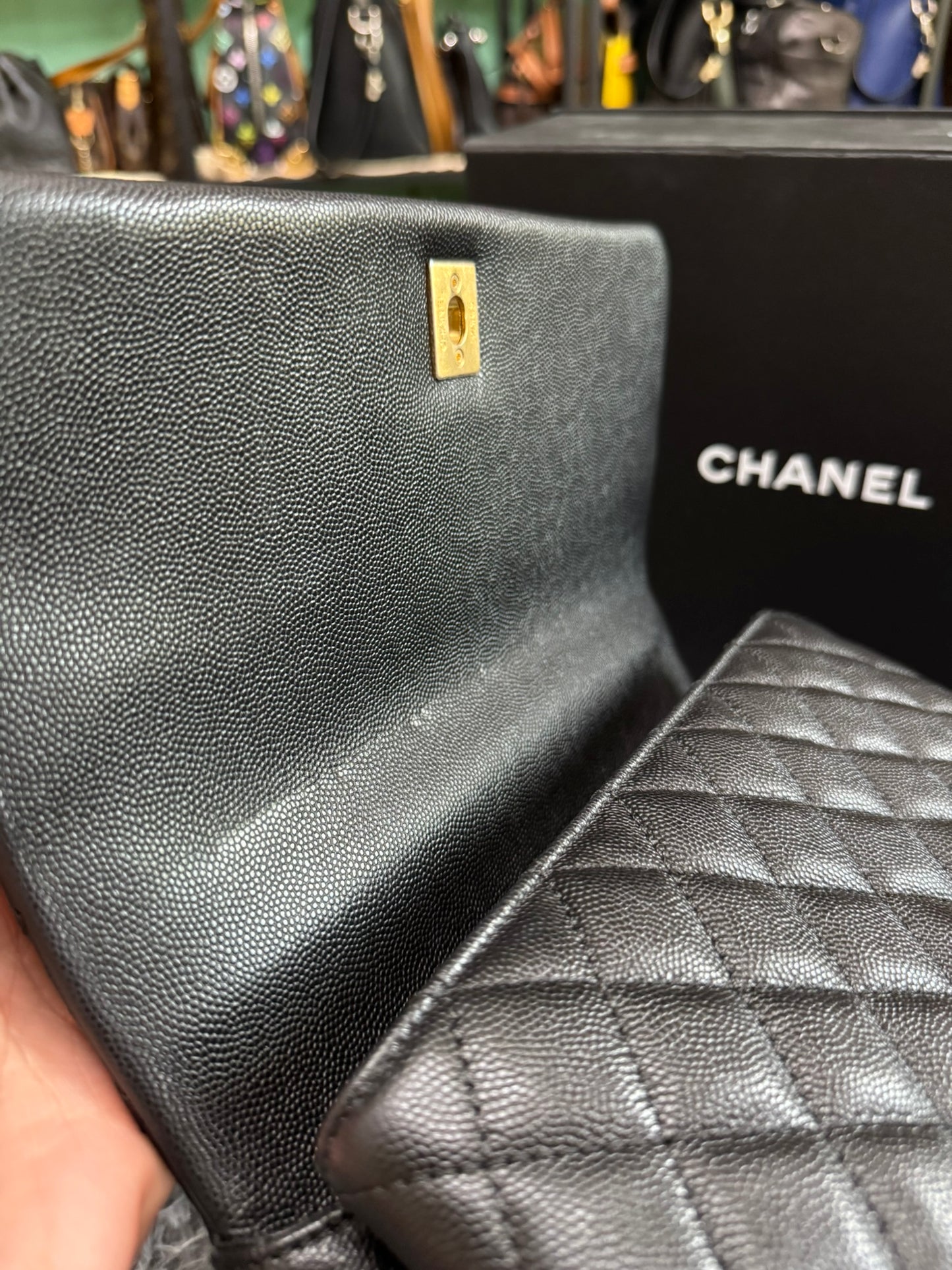 Chanel Medium Top Handle in Black Caviar Leather with Gold Hardware